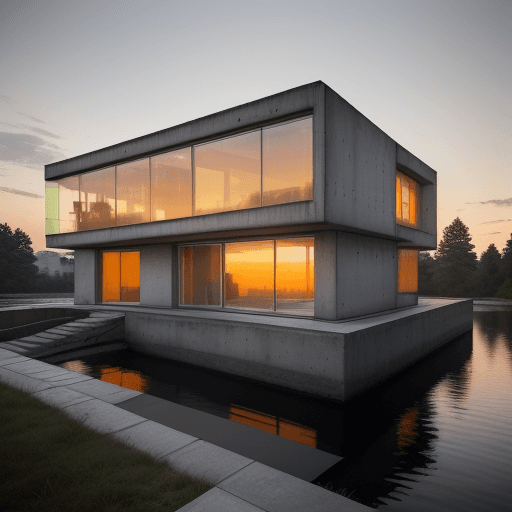 AI generated: A realistic photo of a house in brutalist style, where the walls are predominantly made of windows a...