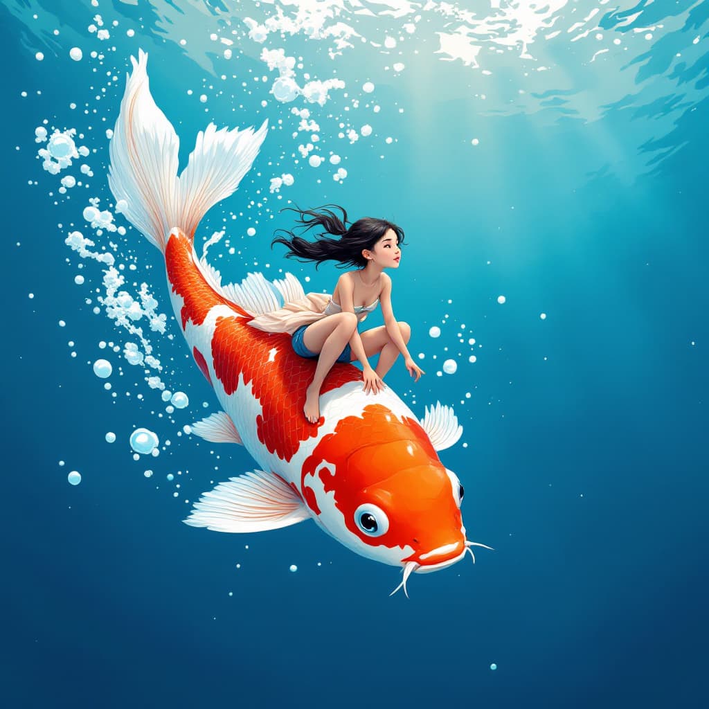 AI generated: a cartoon of a girl riding a koi fish, in the style of he jiaying, comic/cartoon, ocean academia, ca...