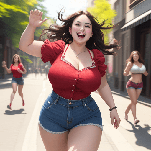 AI generated: A plump, beautiful girl wearing a red blouse and blue denim shorts running down a lively street, sun...