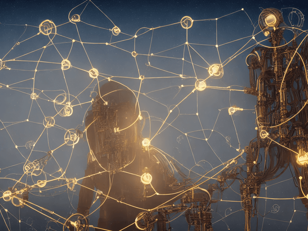 AI generated: Steam engine, lightbulb, network of multiple nodes around the earth; back-to-the-future style; night...