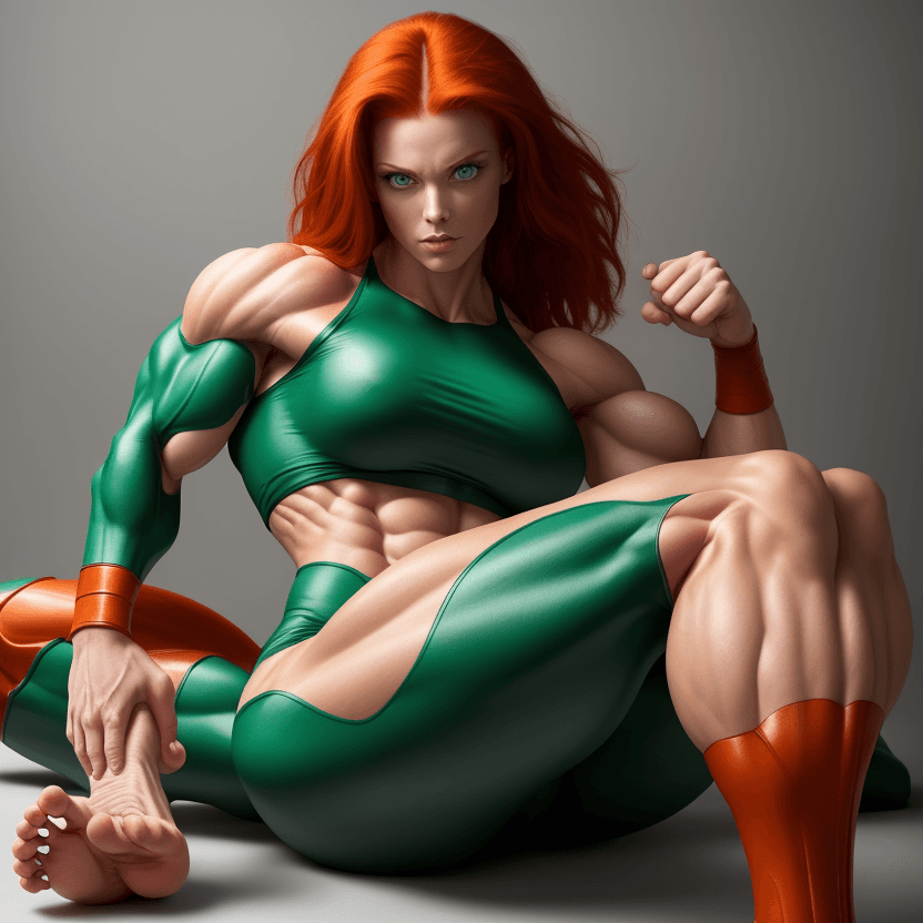 AI generated: 1 beautiful bodybuilder woman with a wide strong jaw, red hair, green eyes, SFW, big arms, big legs,...