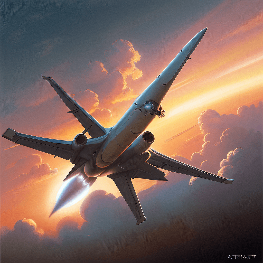 AI generated: Airplane, sunset, rocket, clouds, 4k, realistic lighting, brushstrokes, minimalistic, oil painting, ...