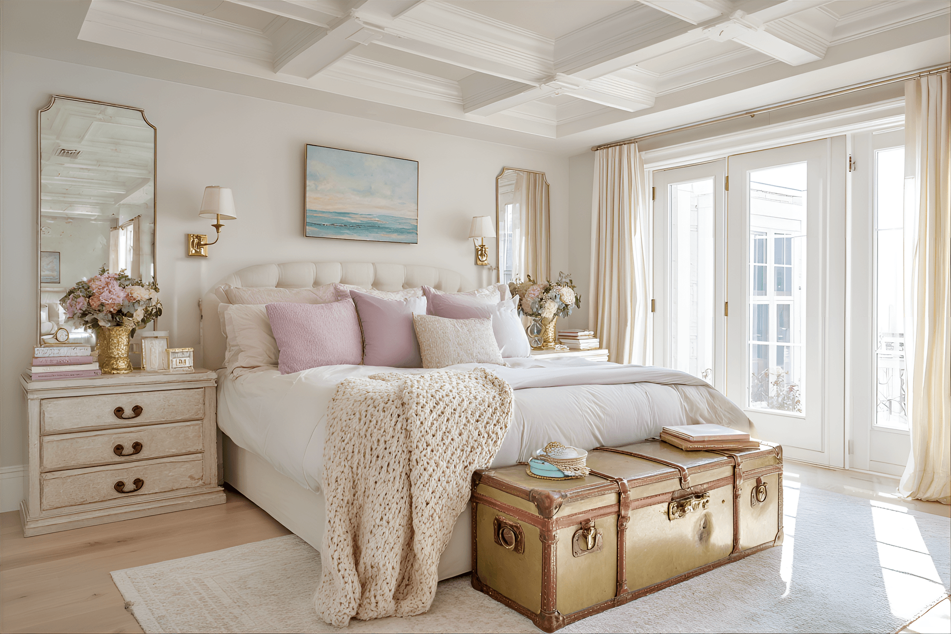 AI generated: photography, bedroom design featuring a bed with storage drawers, large mirror, and decorative sconc...