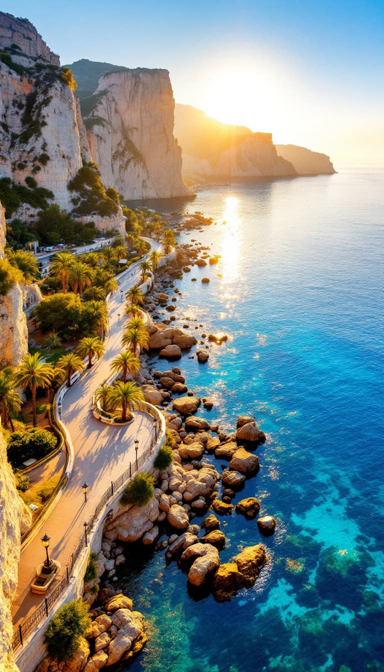 AI generated: An aerial drone view of a beautiful waterfront promenade in Crimea. The scene showcases a winding pa...
