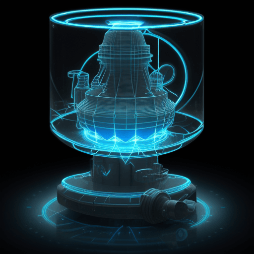 AI generated: a 3d realistic image of a The Ronix RH-4021 Centrifugal pump made of glass, with blue light shining ...