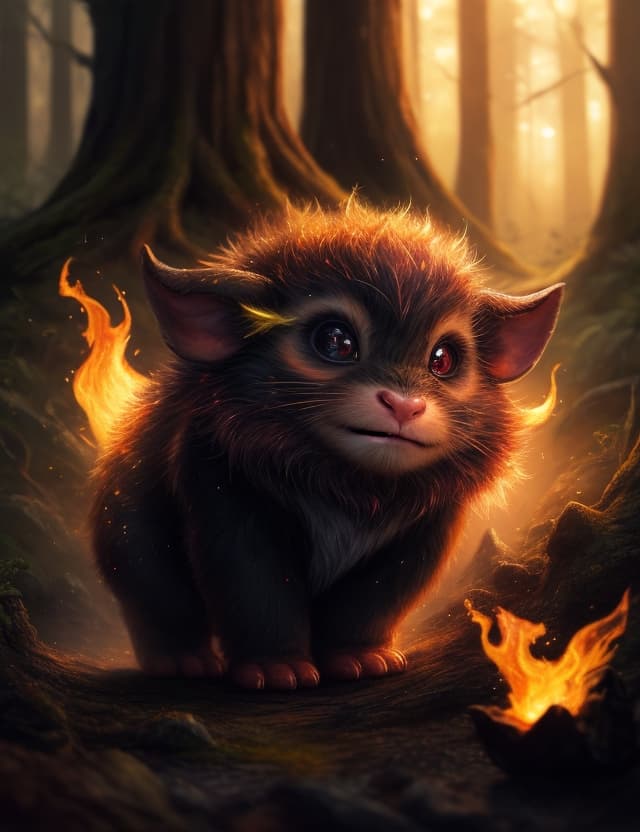 AI generated: the baby balrog  small sparkle eye ::100, cute, hoghly detailed, hyper realism, full body,forest sun...