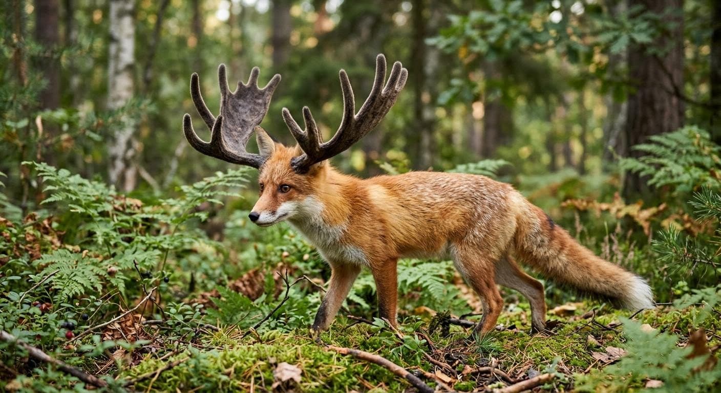 AI generated: Create a new animal that is a mix of a moose and a fox keeping the size and body of the fox but keep...