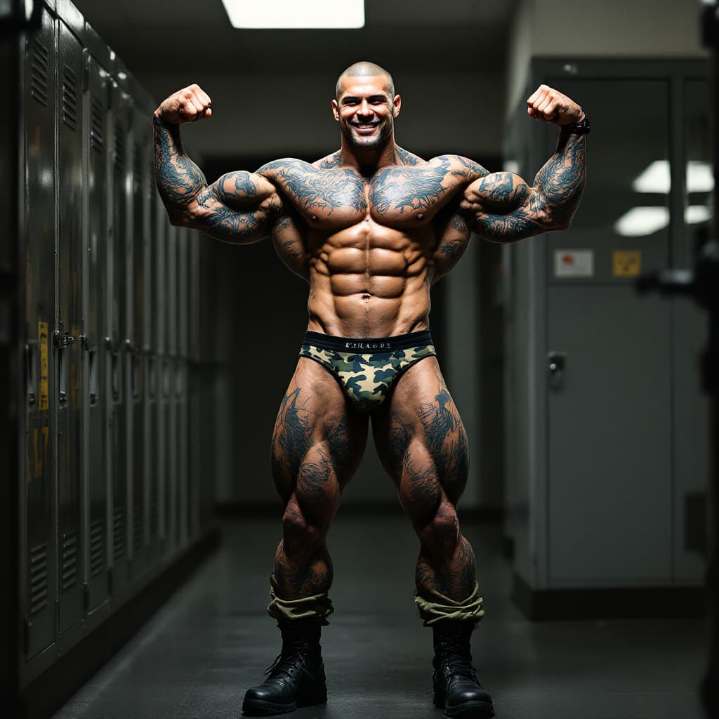 AI generated: Full body image, young tall army muscle, heavily tattooed, slim face, chiseled jawline, shaved head,...