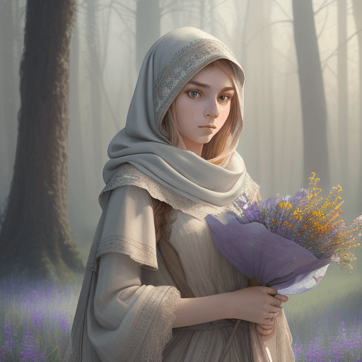 AI generated: A girl of Slavic appearance, 23 years old, head covered with a pavlopasatskiye shawl, holding a bouq...