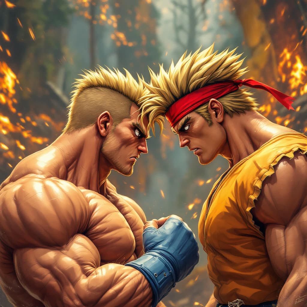 AI generated: johnny bravo facing off against ken from street fighter