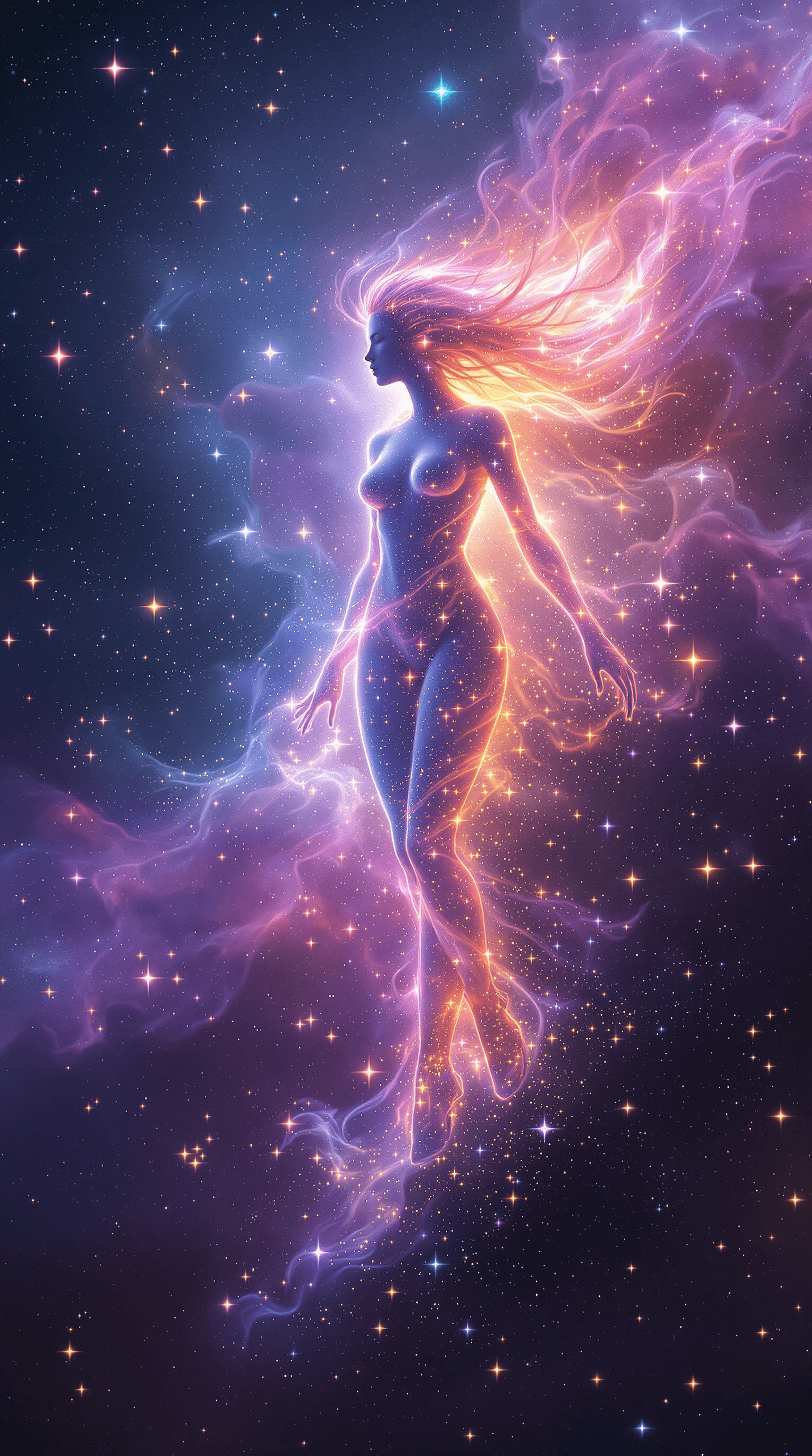 AI generated: (Ultra-high resolution, Hyper-detailed cosmic artwork, Cosmic goddess made of stardust:1.5) a breath...