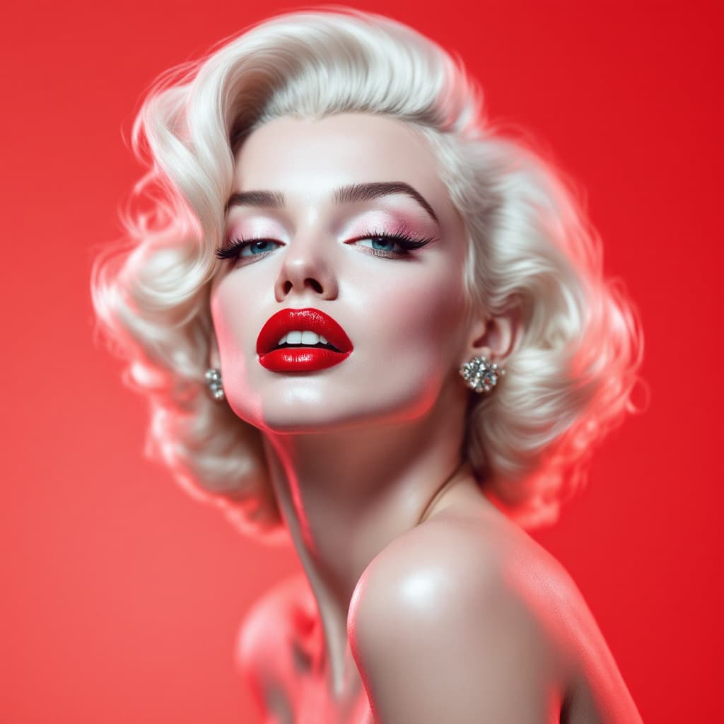 AI generated: white background, beautiful portrait of Marilyn Monroe in white and silver colors, with red lipstick...
