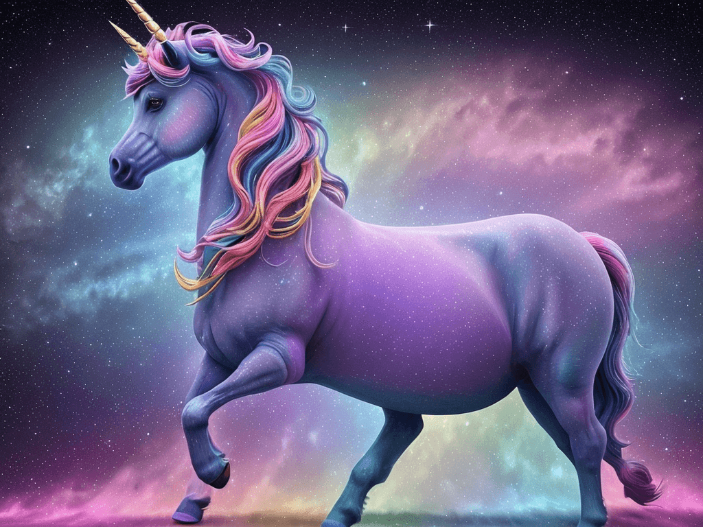 AI generated: a majestic unicorn set against a vibrant, cosmic backdrop. The unicorn's body is a deep, dark blue h...