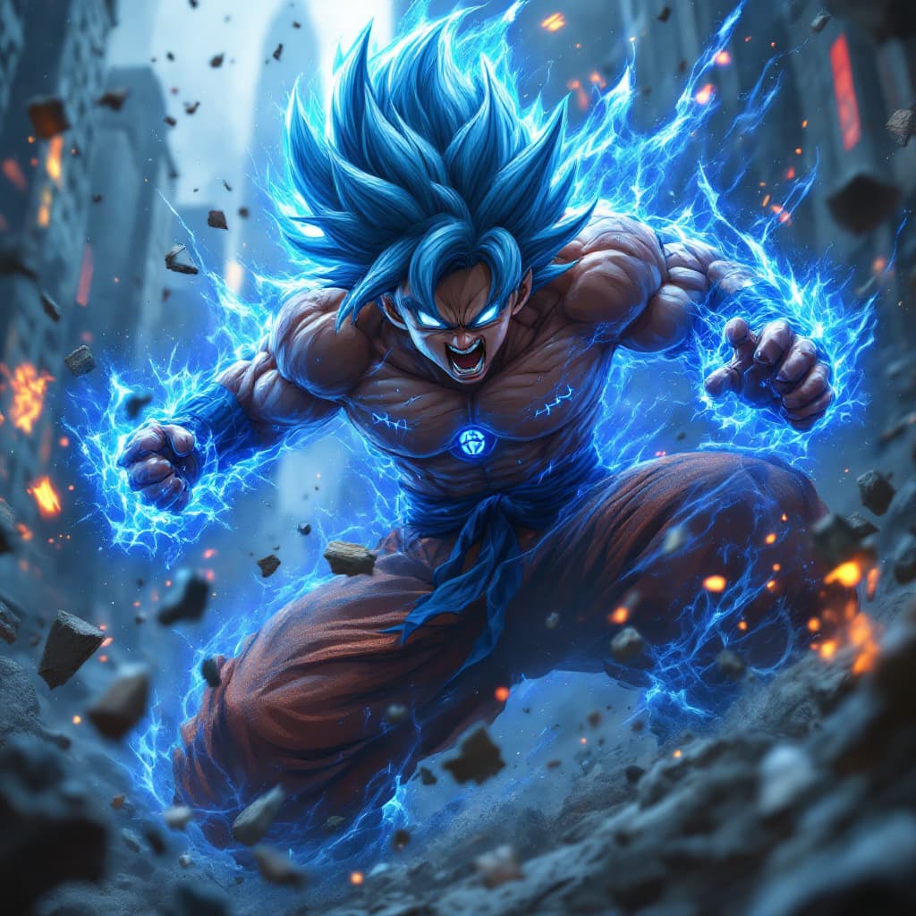 AI generated: realistic style, Goku fighting at war, raging, blue hair, character design, body is adorned with glo...