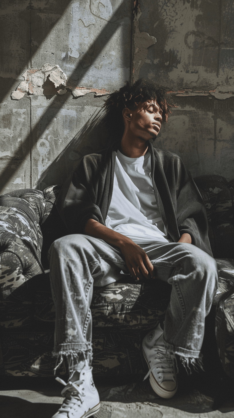 AI generated: capture a man lounging on a worn camouflage texture sofa, casually dressed in a white t-shirt and a ...
