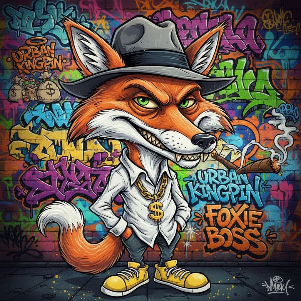 AI generated: funny caricature, gangster fox character caricature, elderly european male, 67 years old, slick fur,...