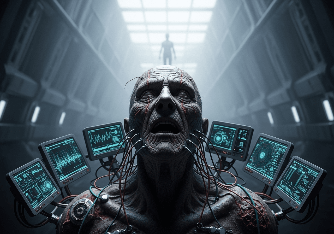 AI generated: In the distant future we see a grey old face, deep scars, a wizened body, deep wounds, wires, monito...