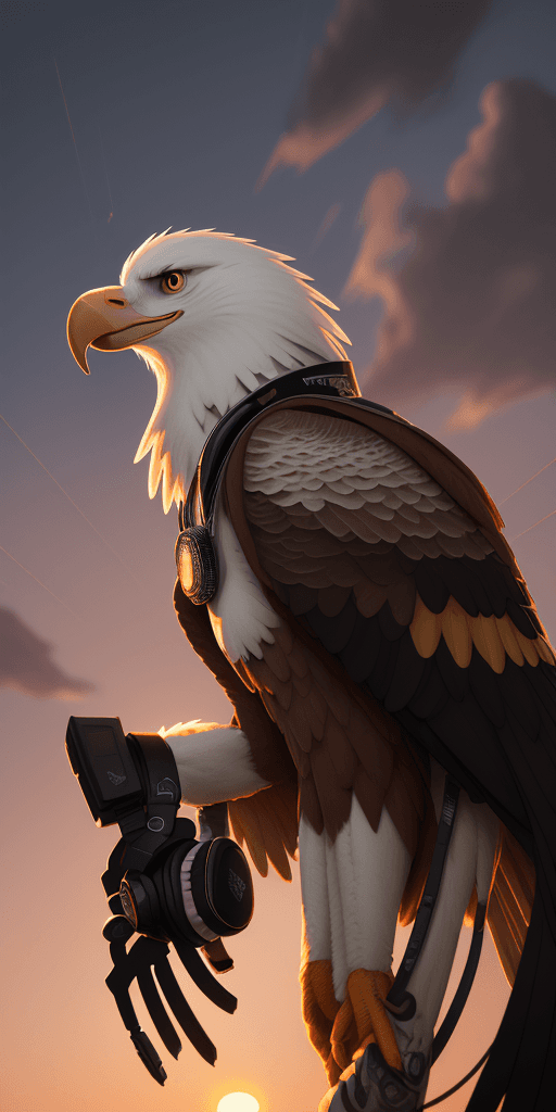 AI generated: (nvinkpunk:1.2) (snthwve style:0.8) DJ eagle, headphone, anthro, lightwave, sunset, intricate, highl...