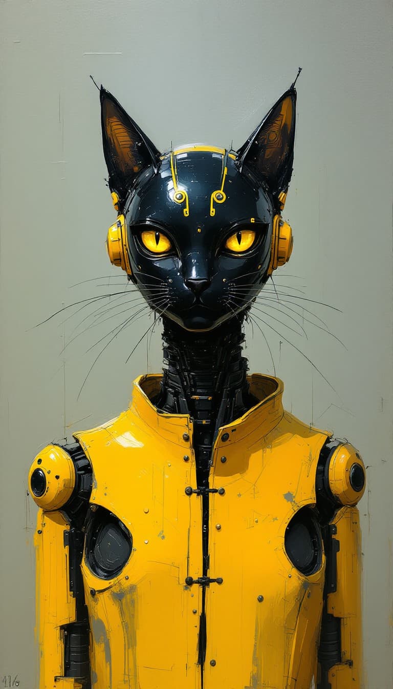 AI generated: artistic, oil painting, front view of an upper body, cat robot, heavy brush style, yellow eyes locke...