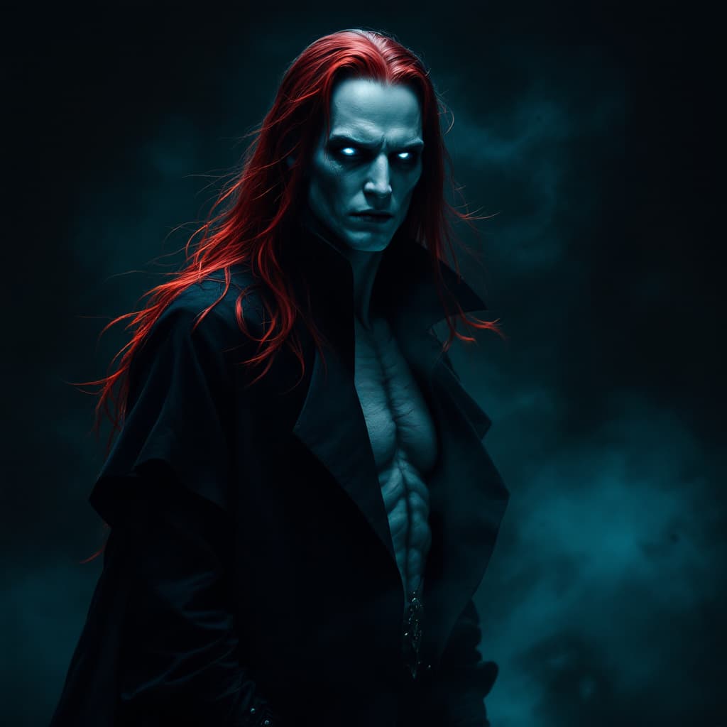 AI generated: The vampire now stands tall and imposing, his previously frail and sickly body transformed into a st...