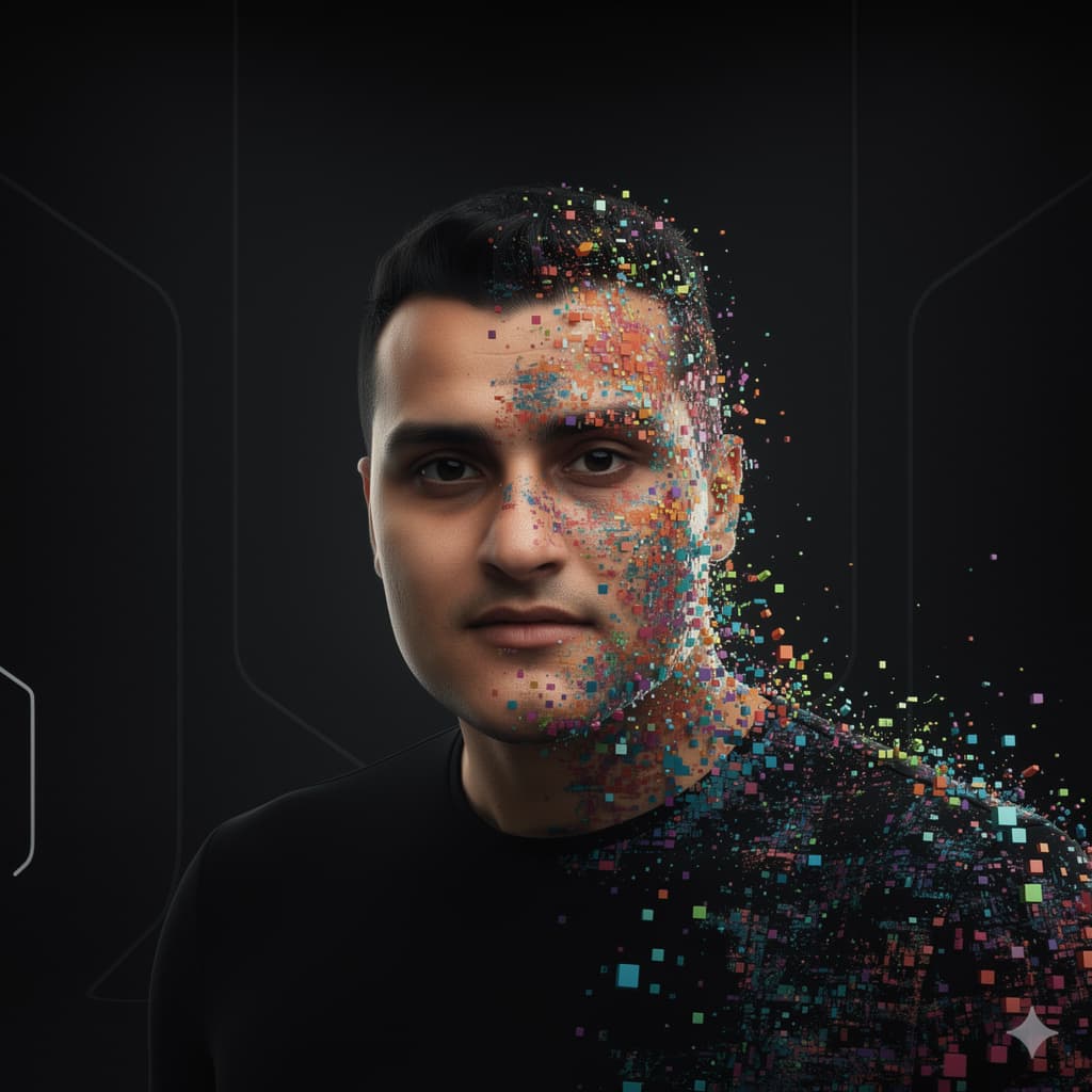 AI generated: portrait of a man, front shot, gaze, avant-garde styled, wearing a minimalist black wear, features a...