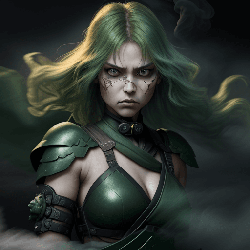 AI generated: A fierce warrior princess made of dark green smoke floating inatrain station staring directly at the...