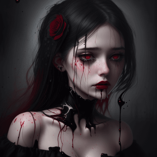 AI generated: close up, narcissistic 17yo girl, ethereal beauty, crying, black dress, dripping oil, dead roses aro...