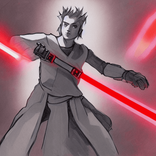 AI generated: rhonin Jedi holding red lightsaber, active pose, anime, scetch, nvinkpunk, abstract brush strokes, h...