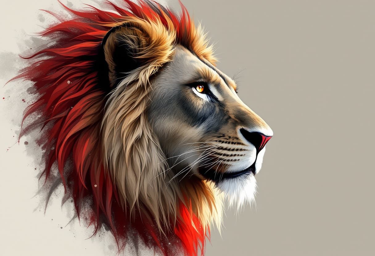 AI generated: a lions head looking 45 degrees  with crimson red, grays and black, in the style of charlie bowater,...
