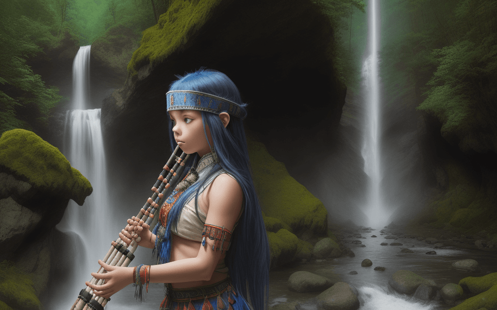 AI generated: Beautiful girl playing on shaman flute in the nature mountains, waterfall 