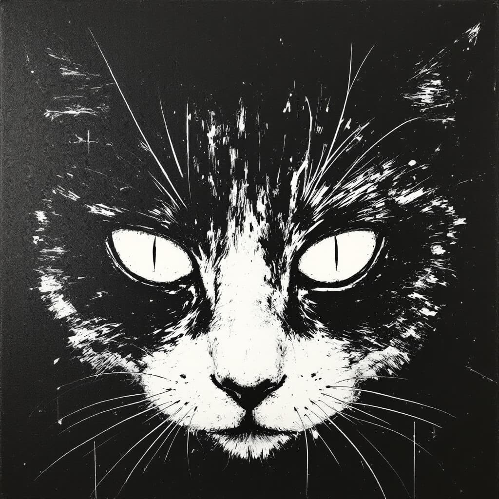 AI generated: artistic, oil painting, face, portrait of cat, empty eyes, grainy touch, black and white, minimalist...