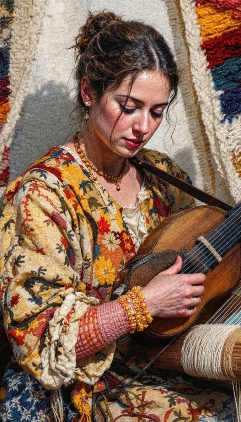 AI generated: Tapestry Weaving, Textured Threads, Layered Colors, Narrative, Woman Holding a Loom Weaving, Focused...