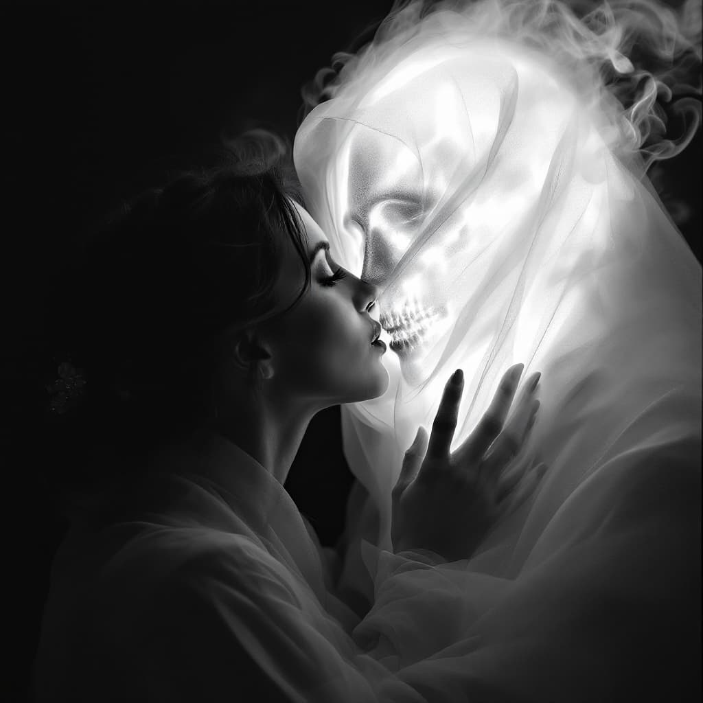 AI generated: image of a lady kissing a ghostly shrouded male face, barely visible  ,enveloped in a shroud-like ma...