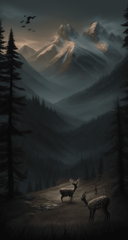AI generated: Majestic mountains,a deer, the last of us theme, zombies.