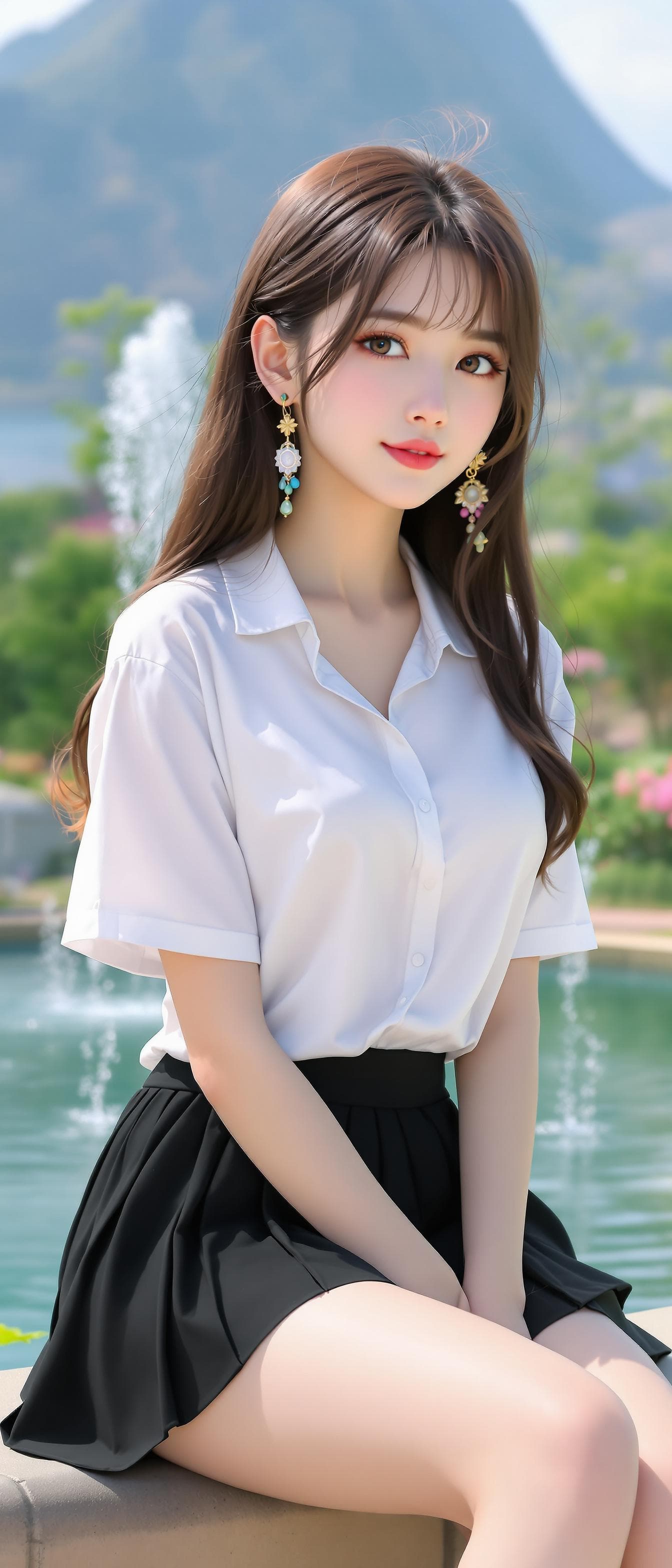 AI generated: 3D Render of a girl, korean girl, korean ulzzang face, short sleeves shirt, black pleated mini skirt...
