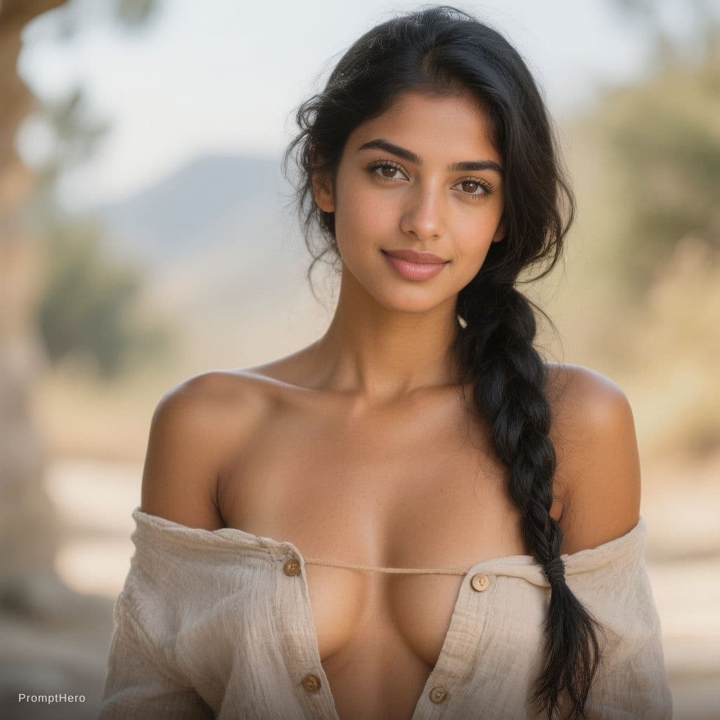 AI generated: A 23-year-old Moroccan completely nude beautiful woman with golden-olive skin and long black hair ti...