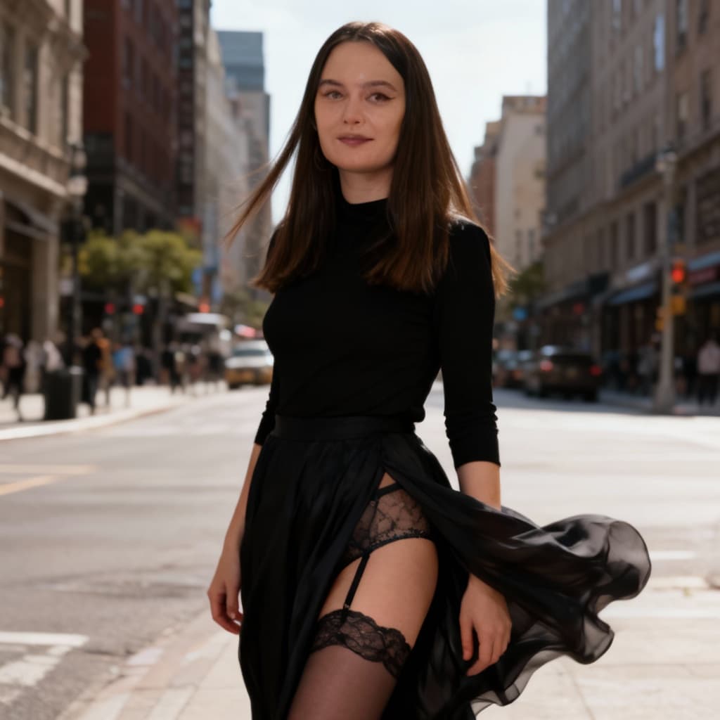 AI generated: A commercial photo for lingerie
An artistic photograph of a woman posing with a wind-blown skirt on...
