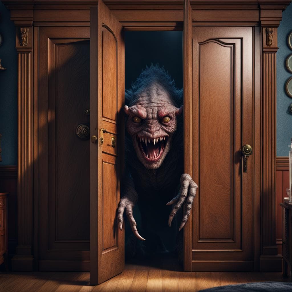 AI generated: creature with a disturbing look peeking out from behind a closet door in a bedroom, high detail, 8k,...