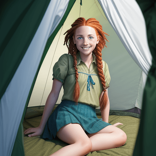 AI generated: a realistic photo of a girl with red braided hair green eyes smiling with freckels sitting on a bed ...