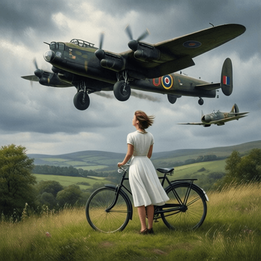 AI generated: A tentative young woman, watches a Lancaster bomber in Royal Airforce livery and roundels, fly low o...