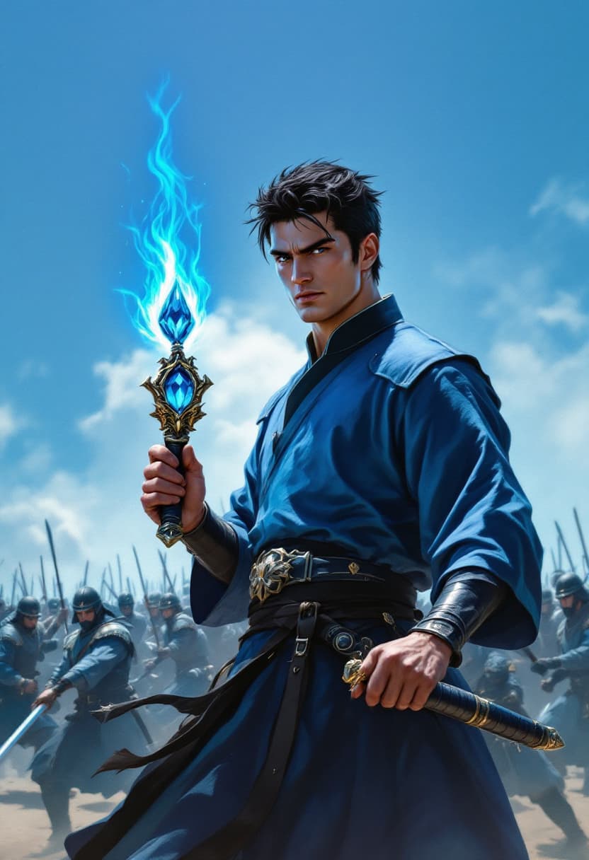 AI generated: Book cover-quality battle scene, a few Japanese style samurai are fighting a soldiers in blue-grey m...