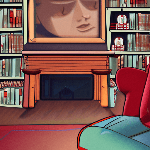 AI generated:  A cozy living room with a fireplace and a bookshelf filled with books. The protagonist, Lily, a you...