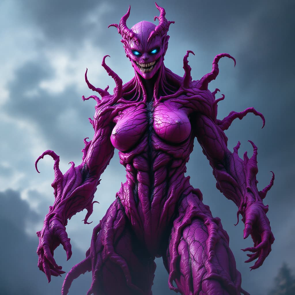 AI generated: A monstrous, giant version of the female villain inspired by Cell, towering over the landscape. Her ...
