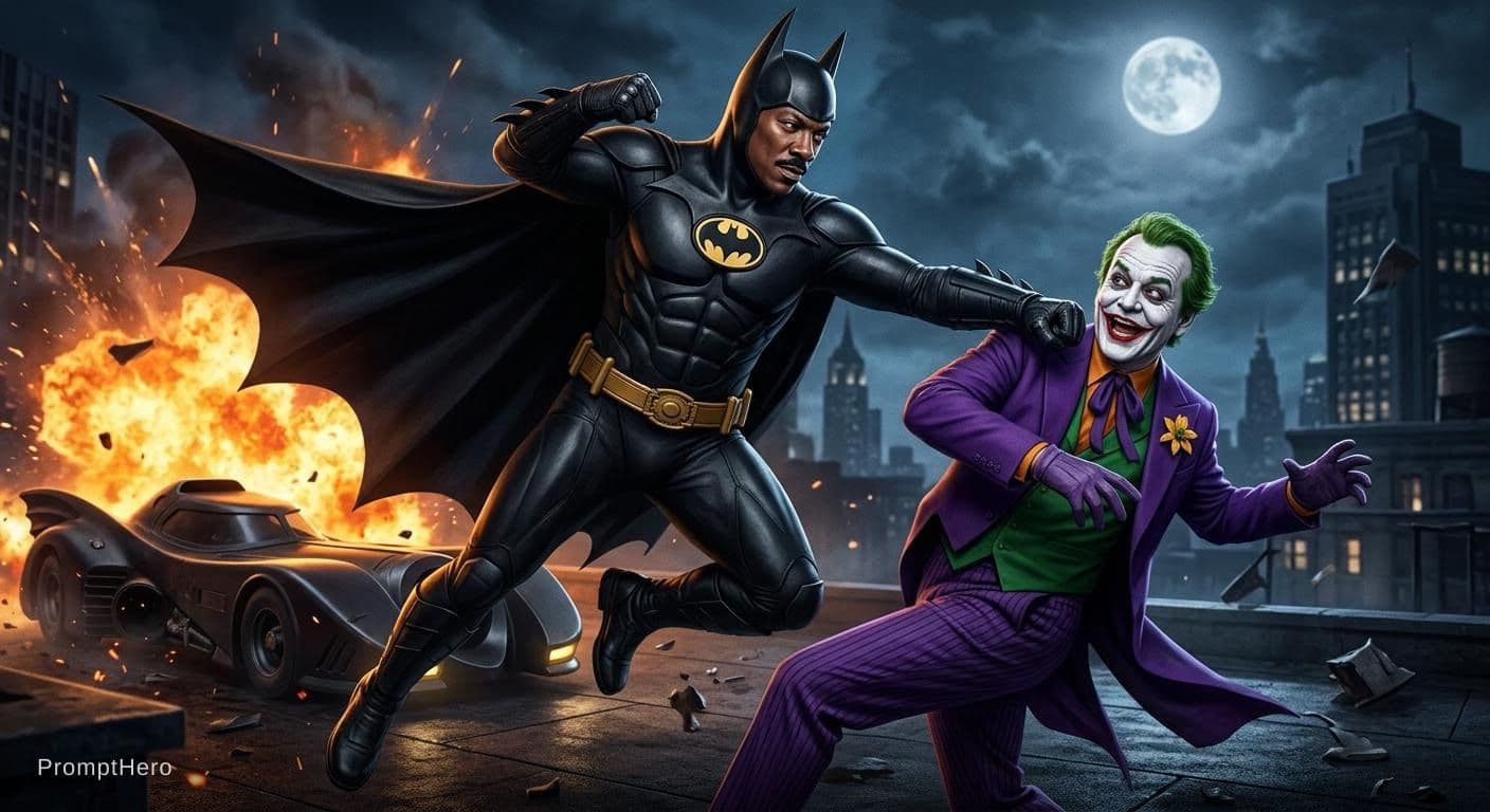 AI generated: Eddie Murphy as batman fights Bill Murray as the Joker