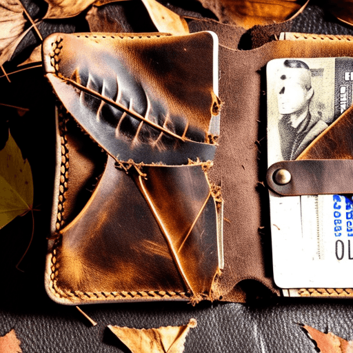 AI generated: An abandoned leather wallet,  open, with dusty dry leaves in its pockets. Style: goth