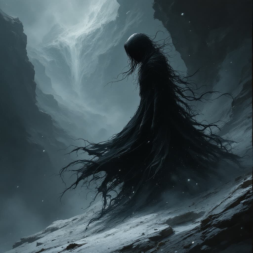 AI generated: A solitary void walker, her form seemingly crafted from shadow itself, and wearing clothing that see...
