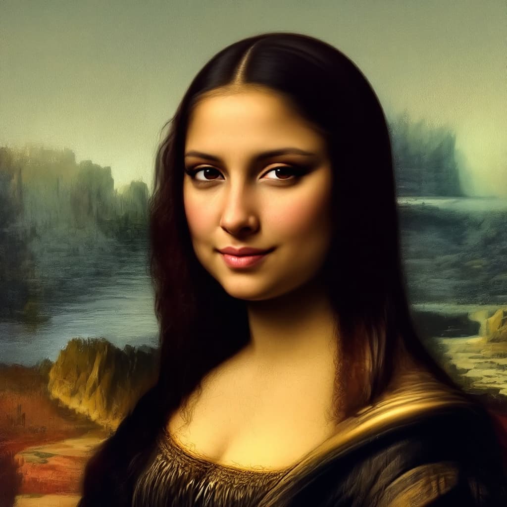 AI generated: Mona Lisa with Mia Khalifa's face. Keep all image settings but change to Mia Khalifa's recognizable ...