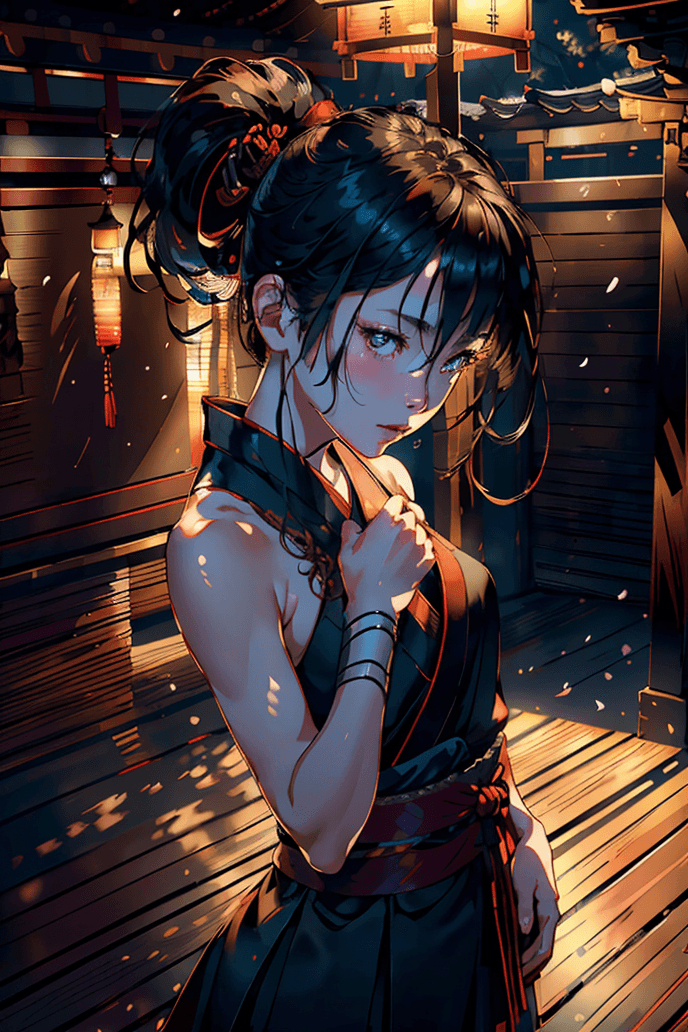 AI generated: Young Samurai with long black hair and ponytail, wearing samurai armor, standing in a Japanese templ...