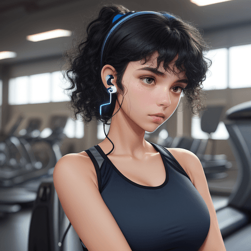 AI generated: a girl in gym clothes, curly black hair with a bluetooth headset, blue shirt and and with black pant...