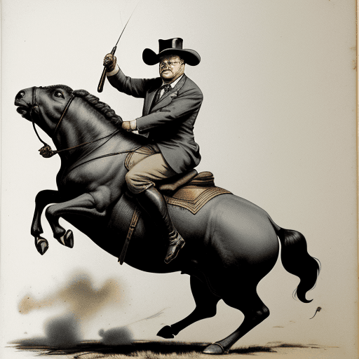 AI generated: President Theodore Roosevelt, riding a bull, shooting a gun into the air